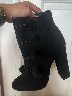 Just Fab Black Pom-Pom Suede Ankle Boots - Women